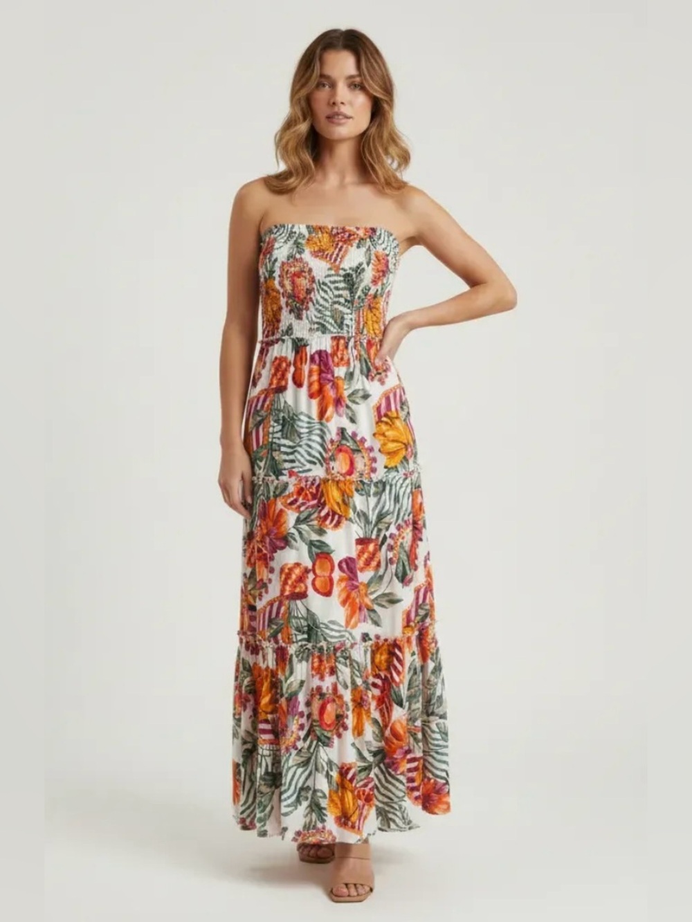 Smocked Floral Maxi Dress in White with Orange & Pink Print